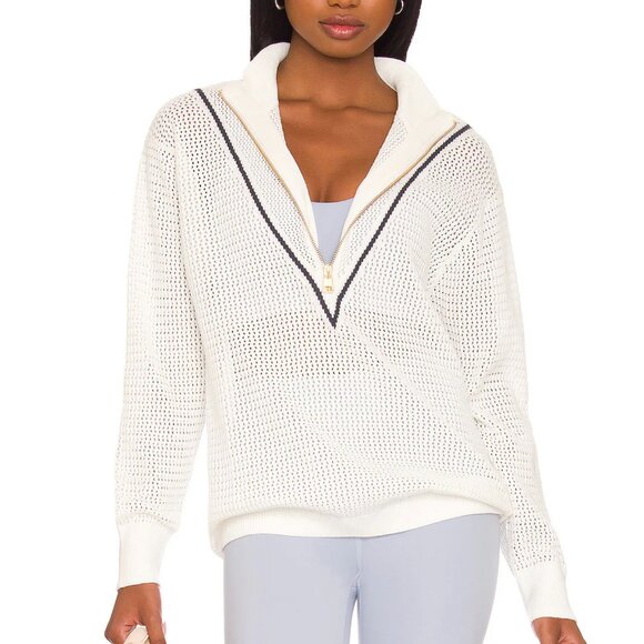 Varley Calva Knit Polo Sweater - White and Navy V-Neck Sweater with GoldHalf-Zip - Picture 1 of 7